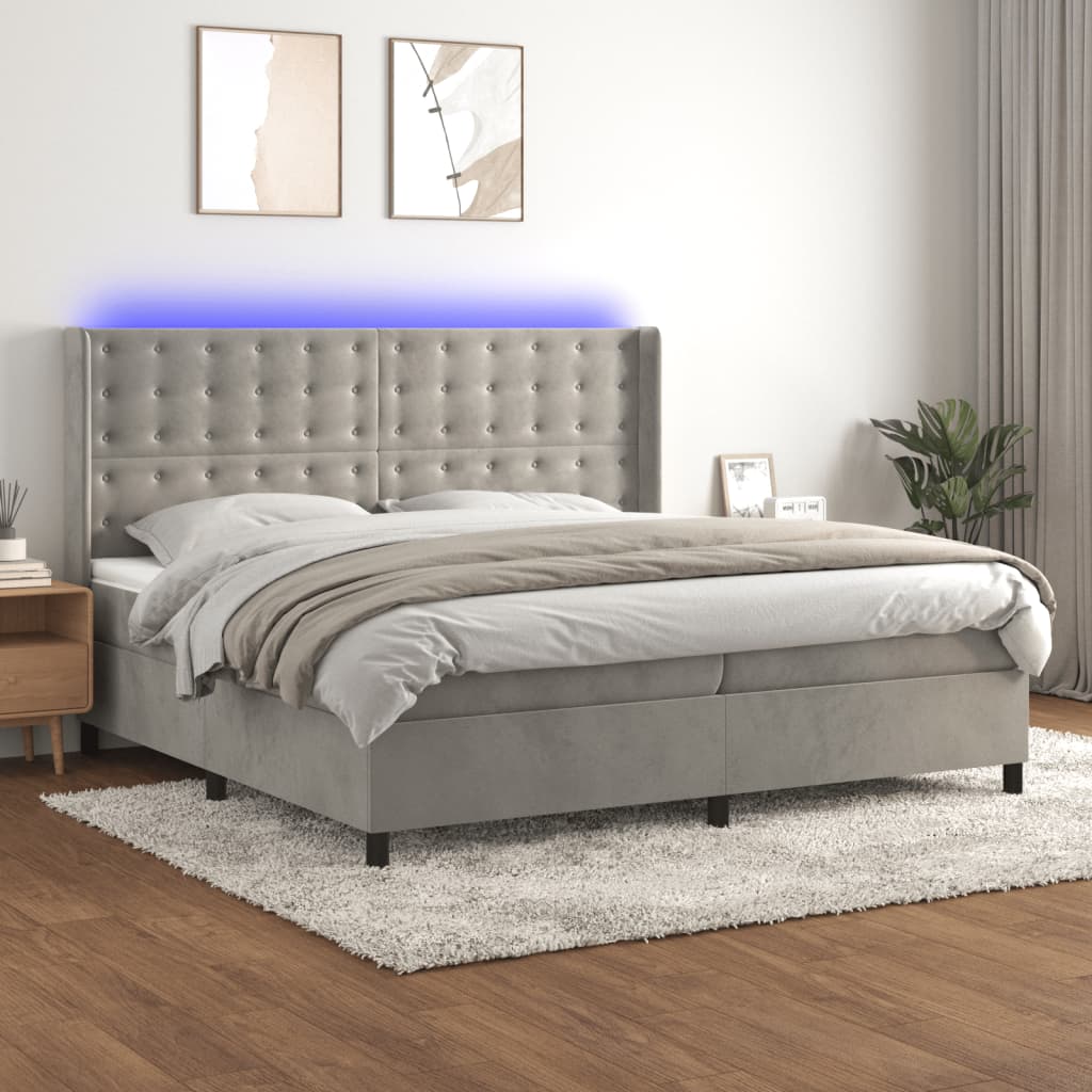 vidaXL Cama box spring c/ colchão/LED 200x200 cm veludo cinzento-claro