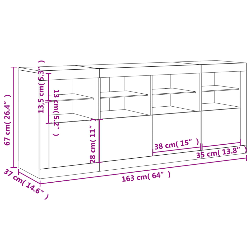 vidaXL Aparador com luzes LED 163x37x67 cm branco