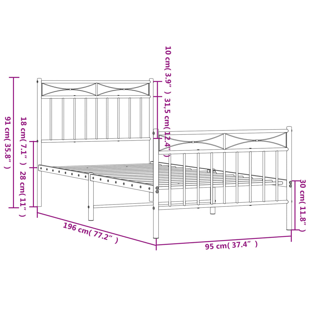 vidaXL Estrutura de cama com cabeceira e pés 90x190 cm metal preto