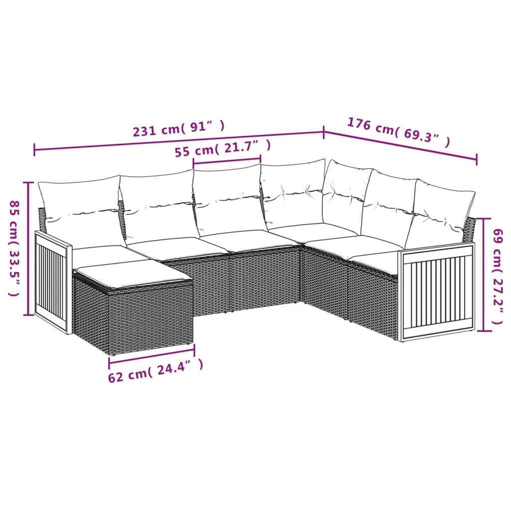 vidaXL 7 pcs conjunto sofás p/ jardim c/ almofadões vime PE cinzento