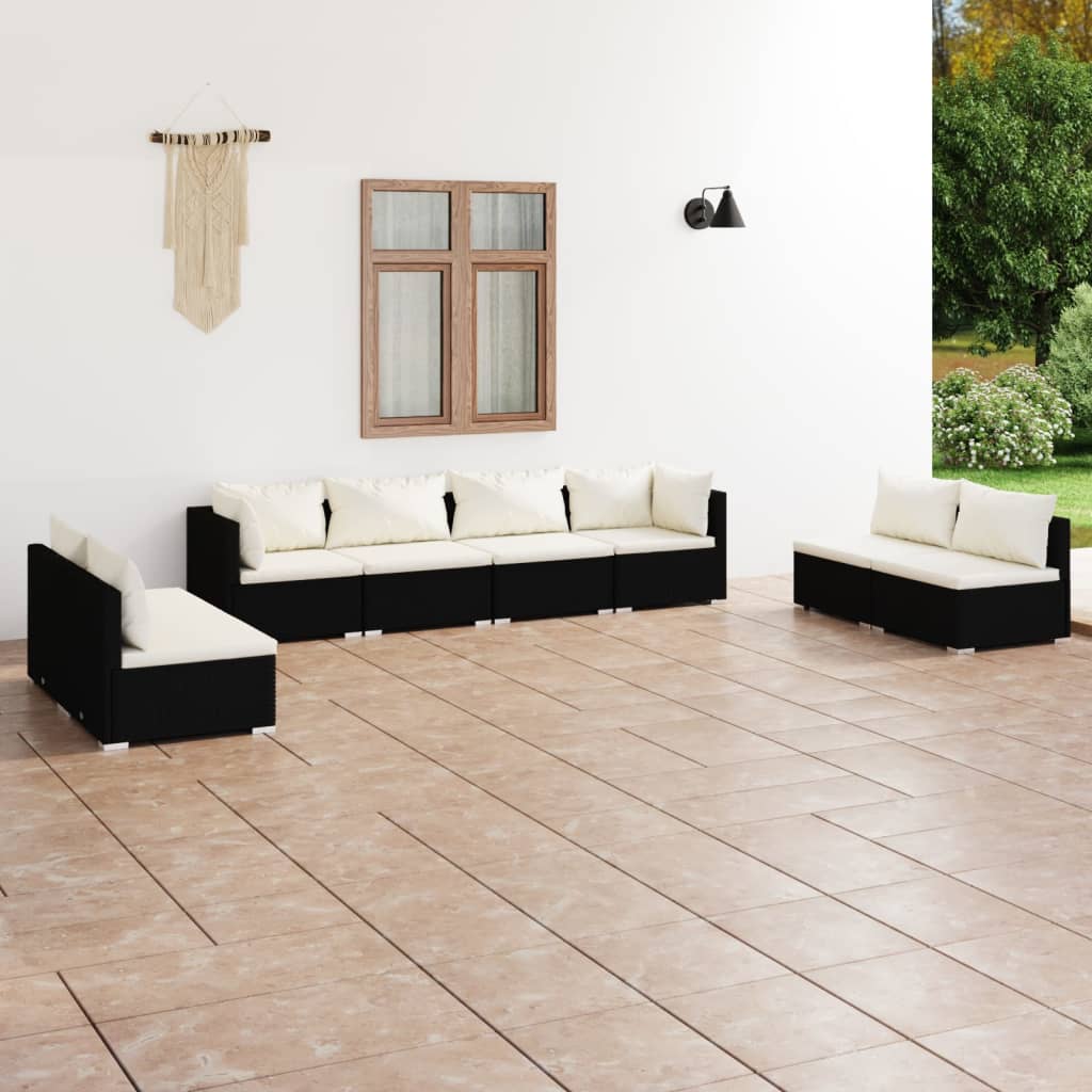 vidaXL 8 pcs conjunto lounge de jardim c/ almofadões vime PE preto