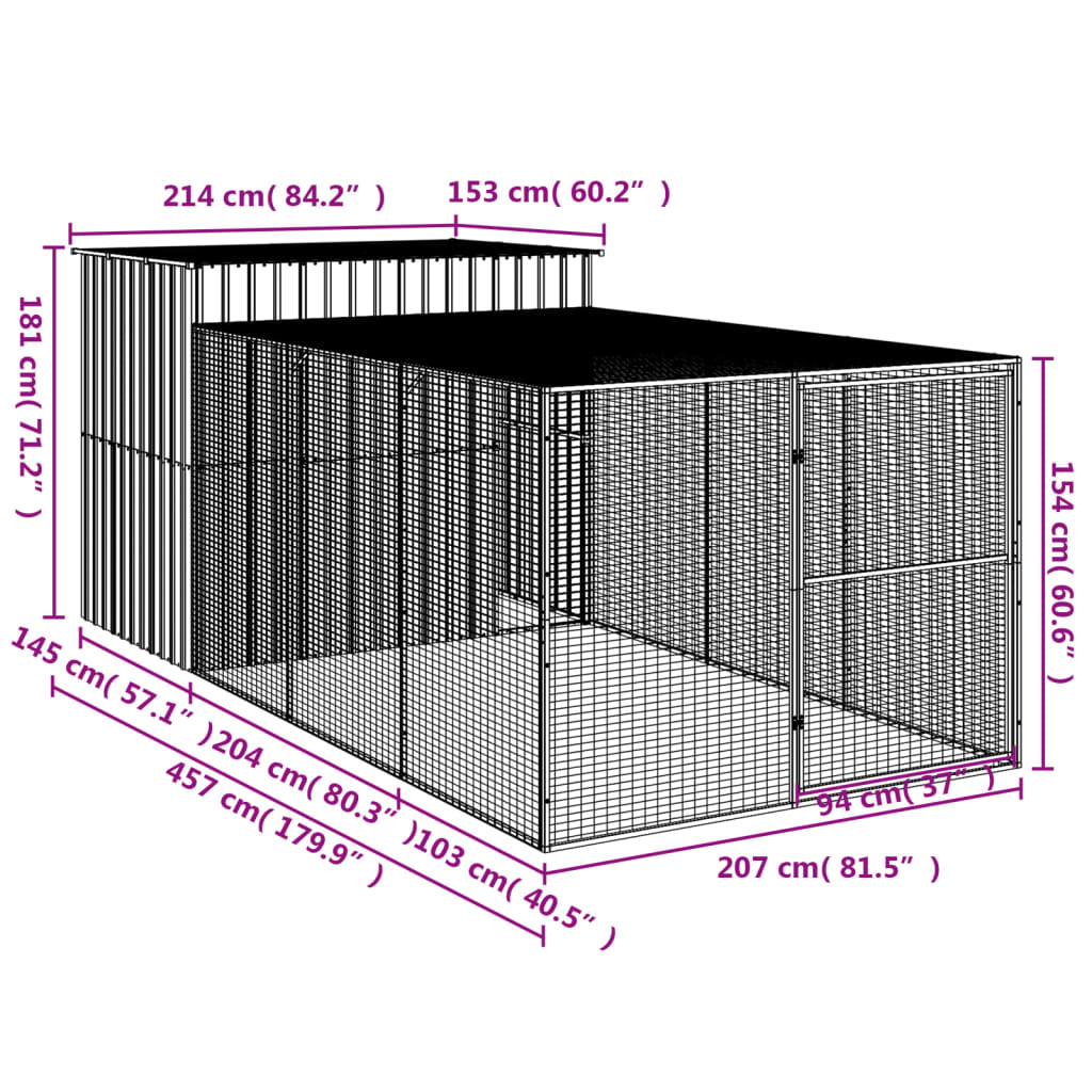 vidaXL Casota cães c/ parque 214x457x181 cm aço galvaniz. cinza-claro