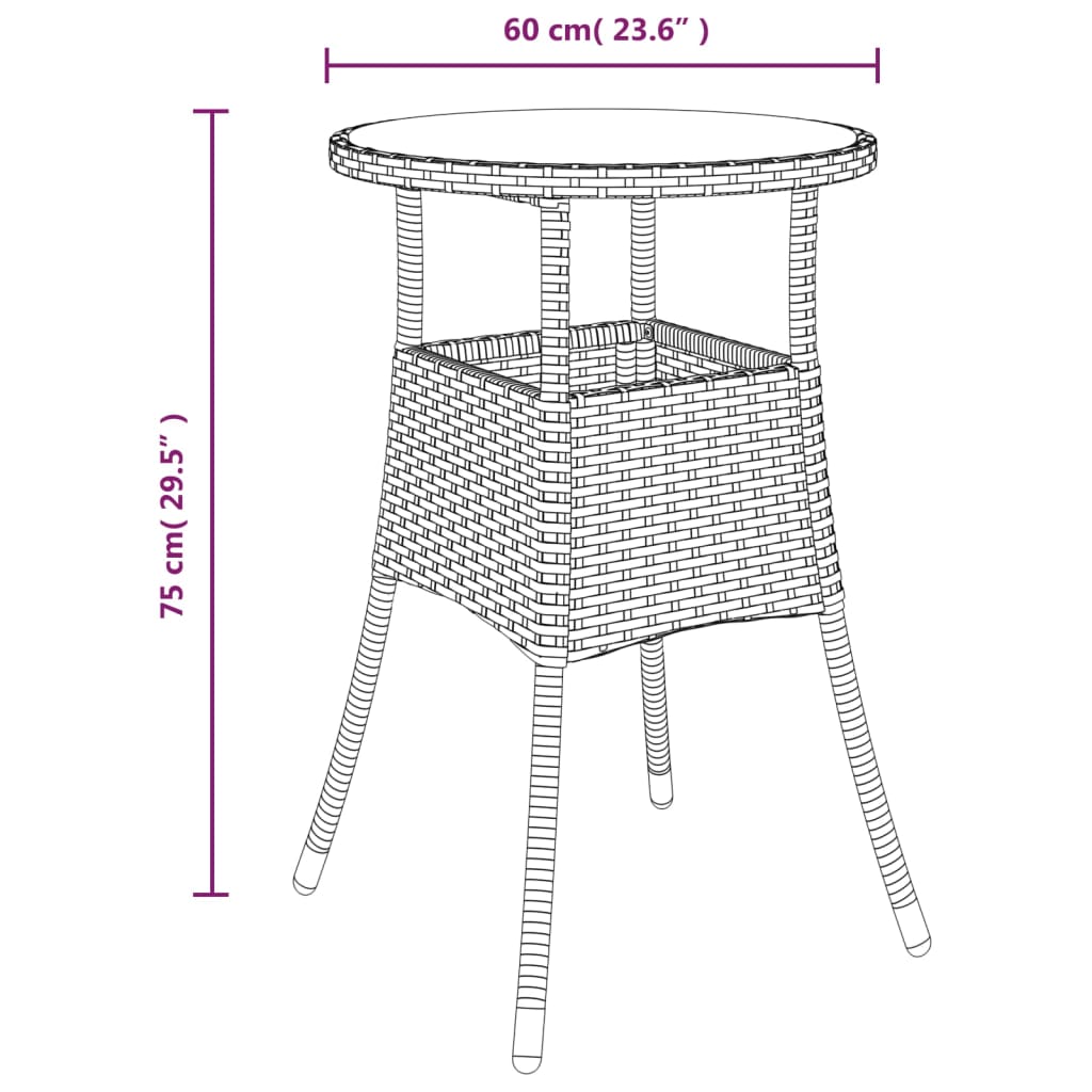 vidaXL 3 pcs conjunto jantar jardim com almofadões vime PE/vidro bege