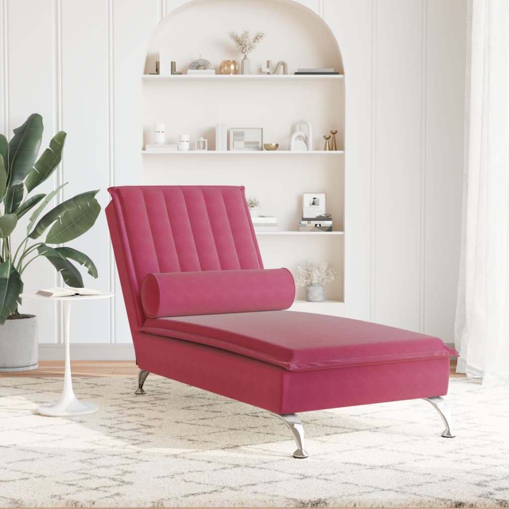 vidaXL Chaise lounge de massagem com rolo veludo vermelho tinto