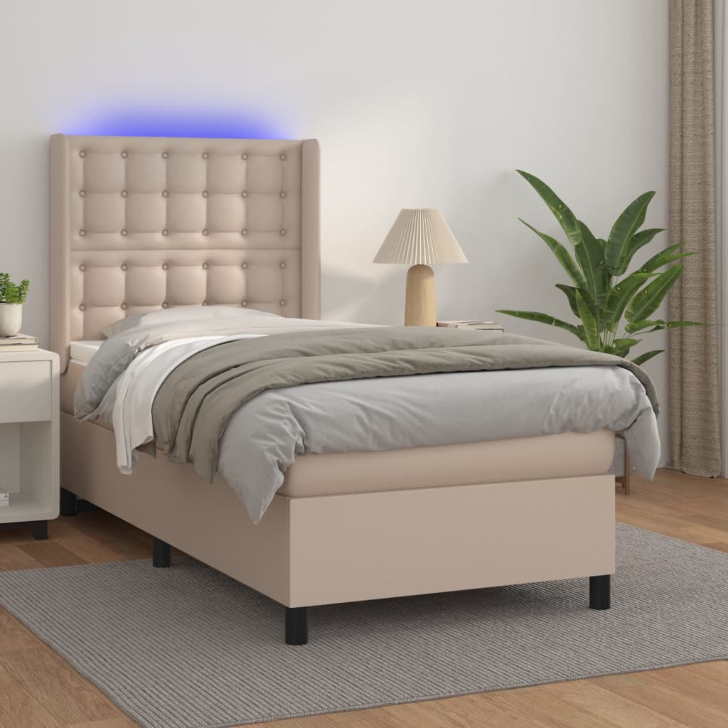 vidaXL Cama box spring c/ colchão/LED 90x200cm couro artif. cappuccino