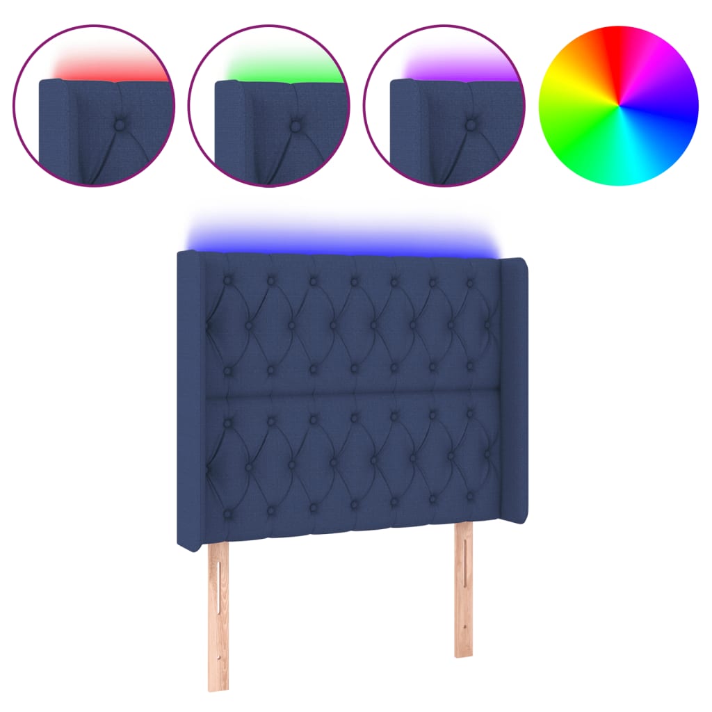 vidaXL Cabeceira de cama c/ luzes LED tecido 93x16x118/128 cm azul