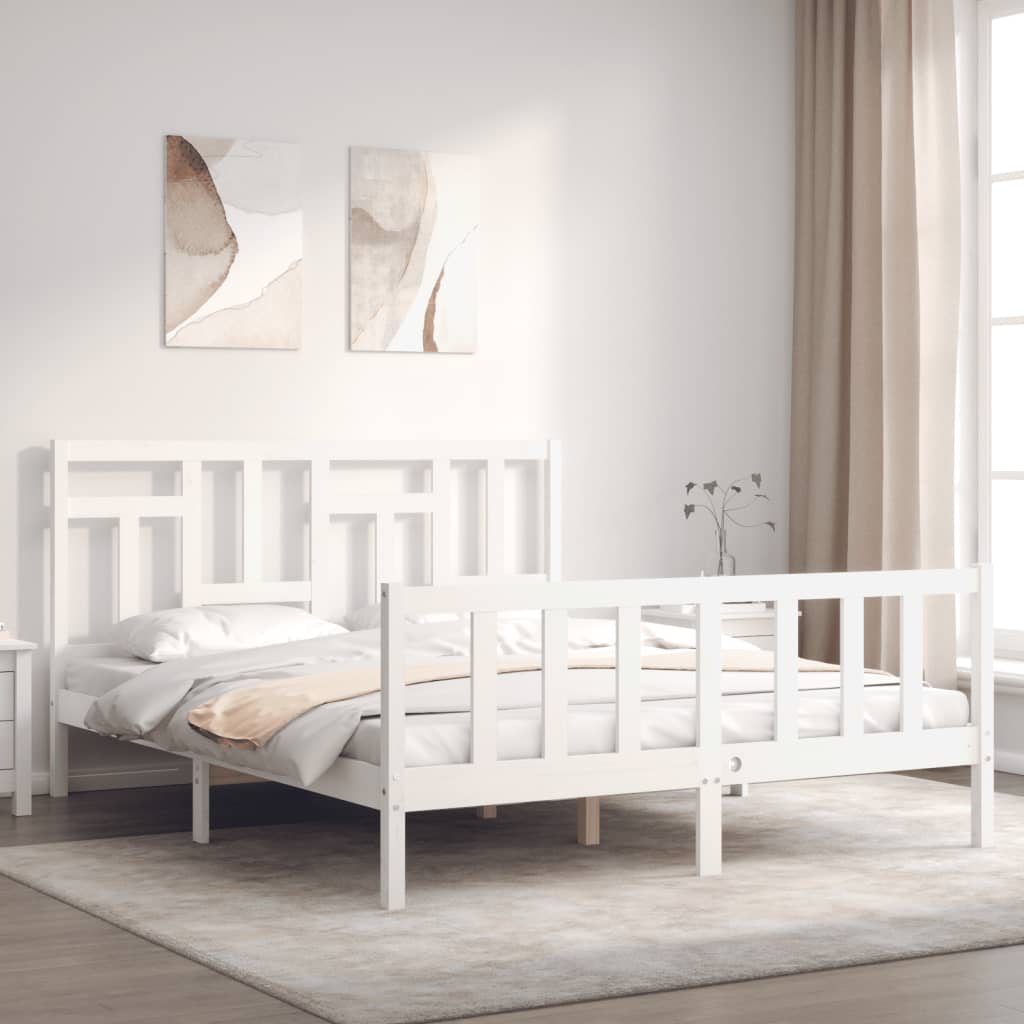 vidaXL Estrutura de cama King Size com cabeceira madeira maciça branco