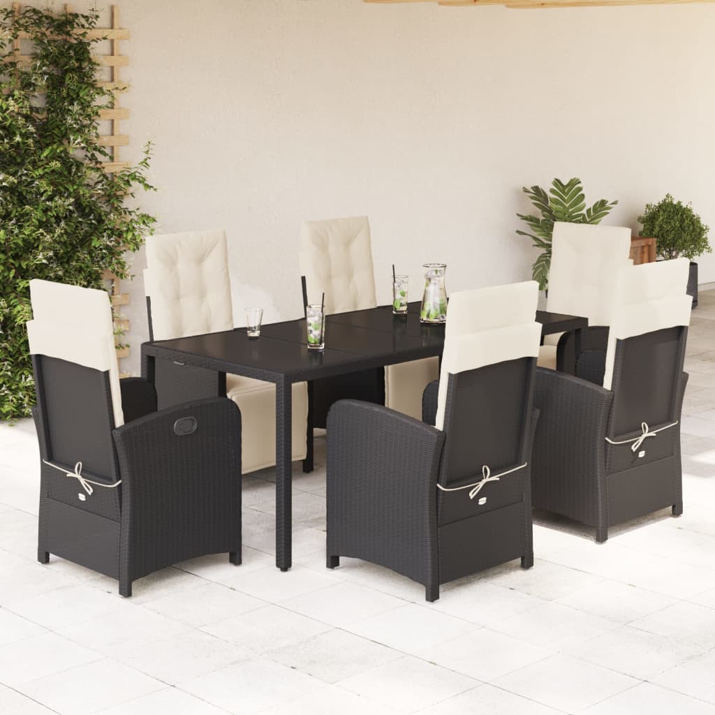 vidaXL 7 pcs conjunto de jantar p/ jardim c/ almofadões vime PE preto