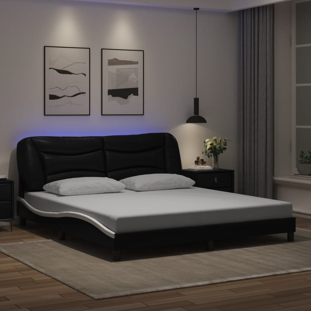 vidaXL Estrutura cama c/ luzes LED 180x200cm couro artif. preto/branco