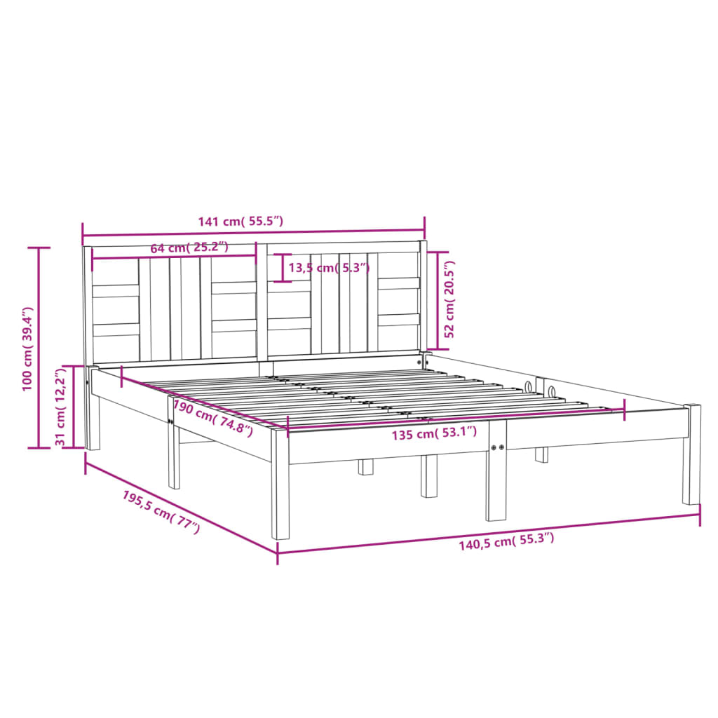 vidaXL Estrutura de cama casal 135x190 cm madeira maciça preto