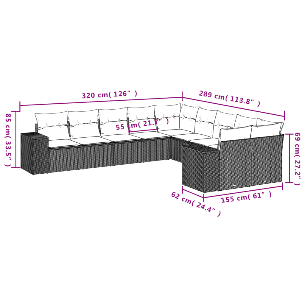 vidaXL 10 pcs conjunto de sofás p/ jardim com almofadões vime PE bege