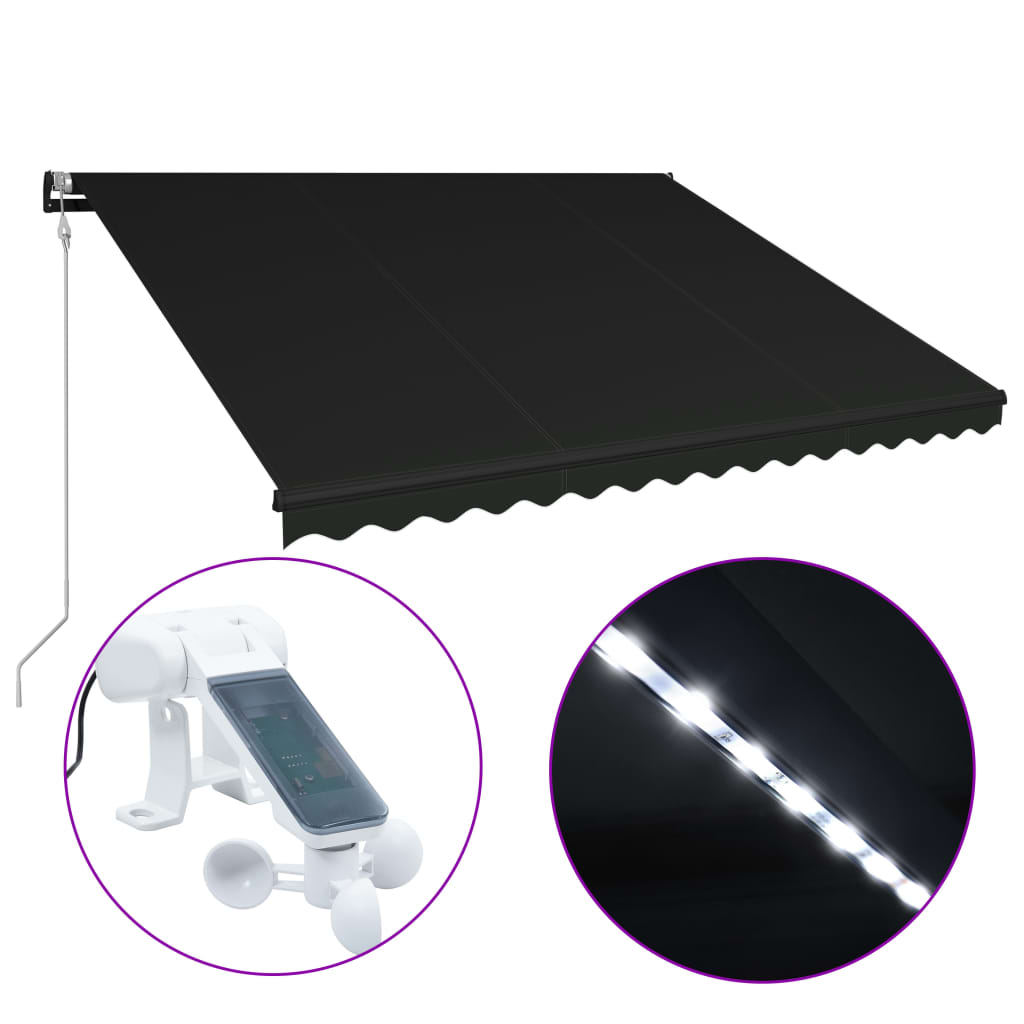 vidaXL Toldo retrátil c/ sensor vento e LED 400x300 cm antracite