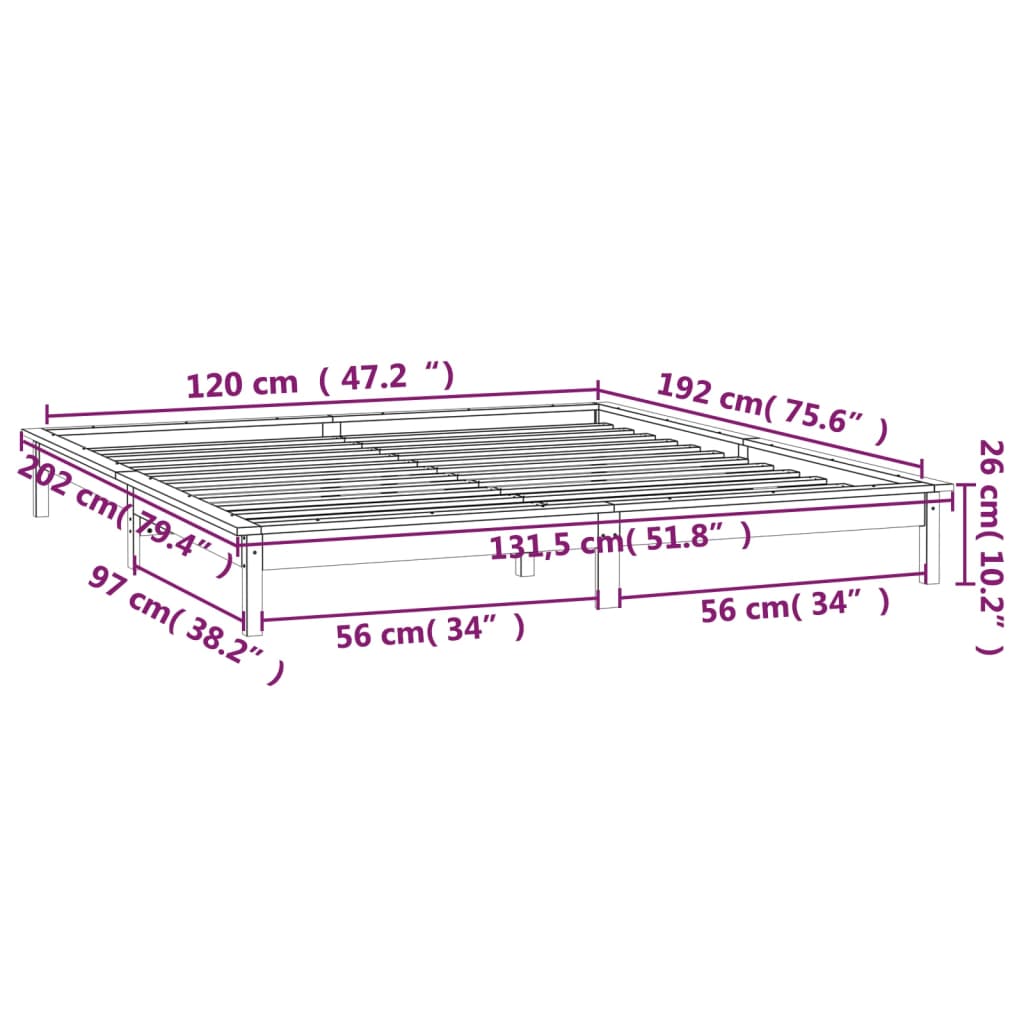 vidaXL Estrutura cama c/ LED pequena casal 120x190 cm pinho preto