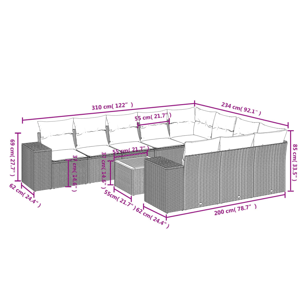 vidaXL 11 pcs conjunto sofás de jardim c/ almofadões vime PE bege