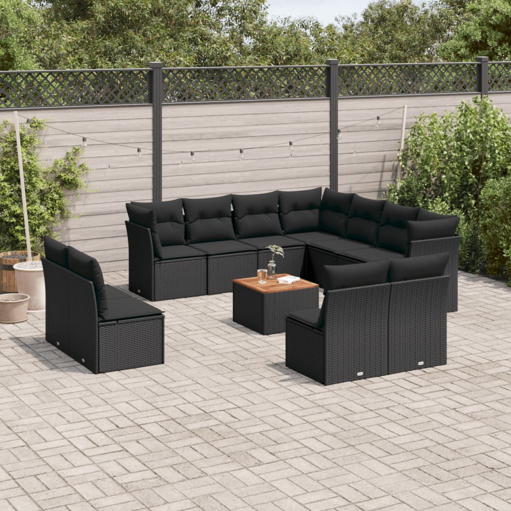 vidaXL 12 pcs conjunto de sofás de jardim c/ almofadões vime PE preto