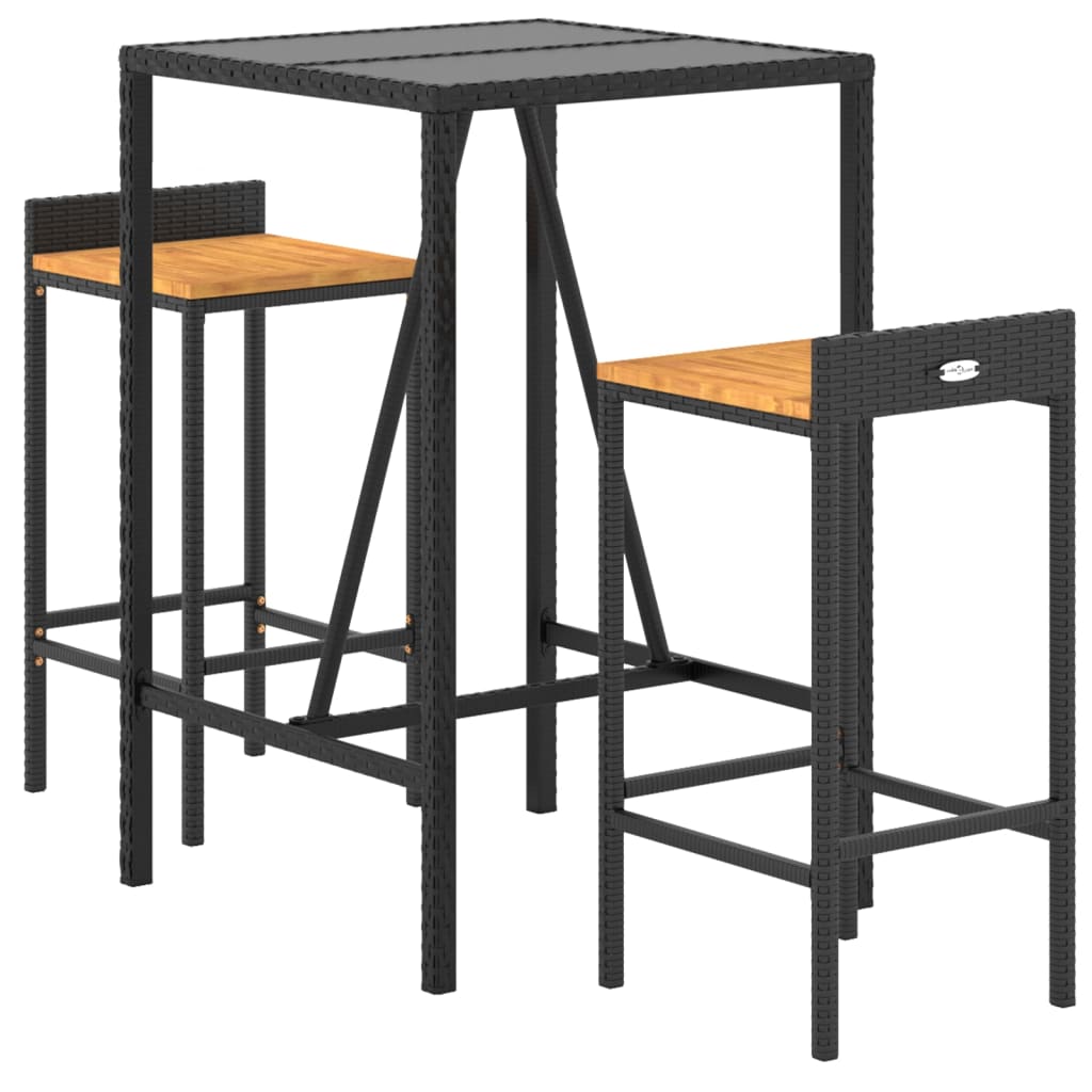 vidaXL 3 pcs conjunto de bar p/ jardim vime PE/acácia maciça preto