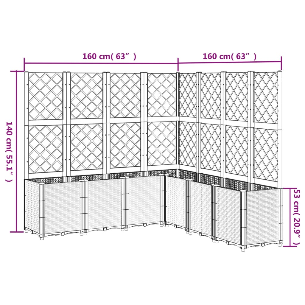 vidaXL Vaso/floreira de jardim c/ treliça 160x160x140 cm PP castanho