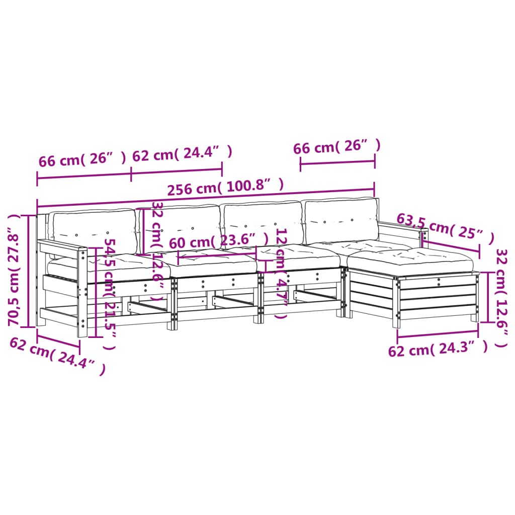 vidaXL 5 pcs conjunto lounge de jardim c/ almofadões pinho maciço