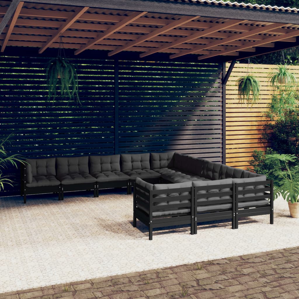 vidaXL 11 pcs conjunto lounge de jardim c/ almofadões pinho preto