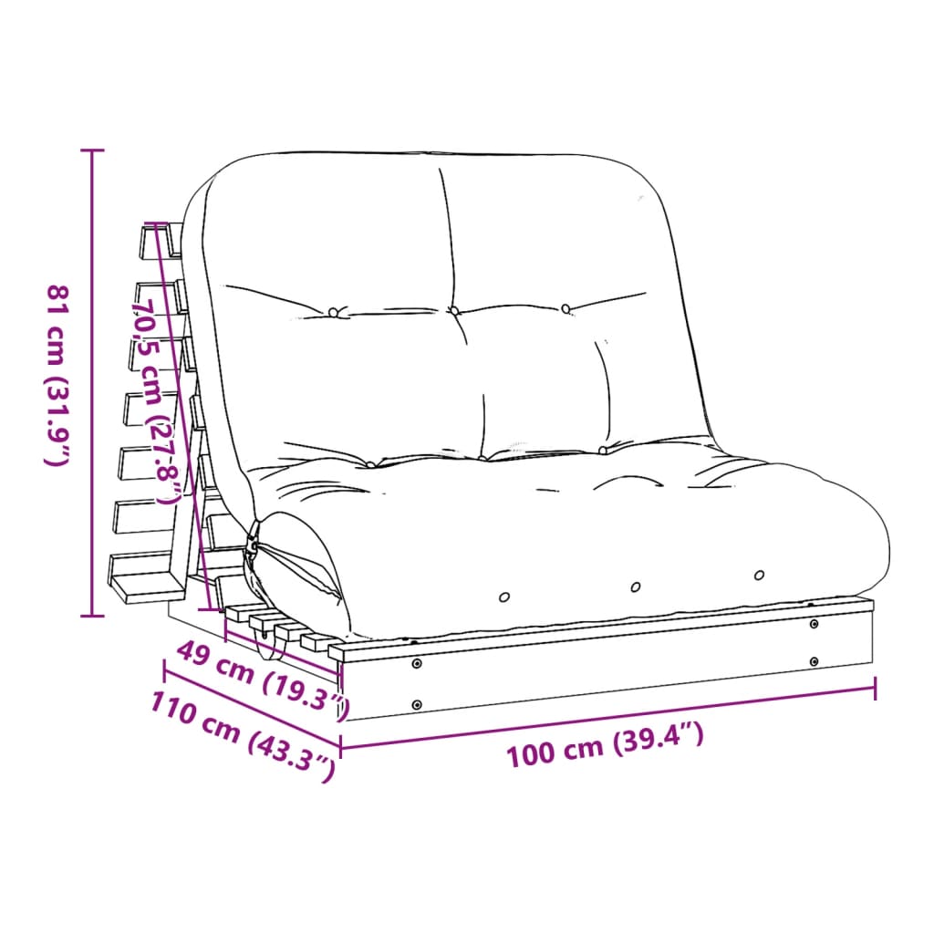 vidaXL Sofá-cama futon c/ colchão 100x206x11 cm madeira douglas maciça