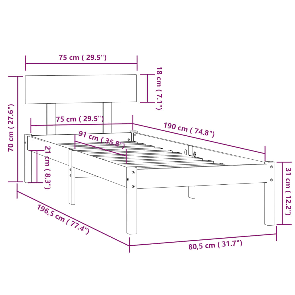 vidaXL Estrutura cama pequena solteiro 75x190 cm madeira maciça preto