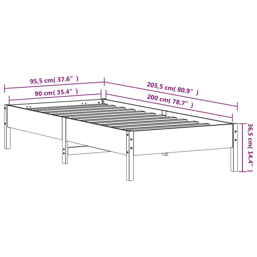 vidaXL Cama sem colchão 90x200 cm pinho maciço castanho-mel