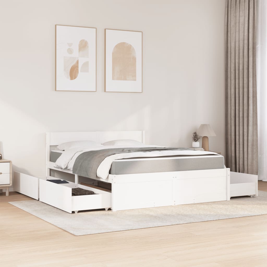 vidaXL Cama com gavetas e colchão 160x200 cm pinho maciço branco