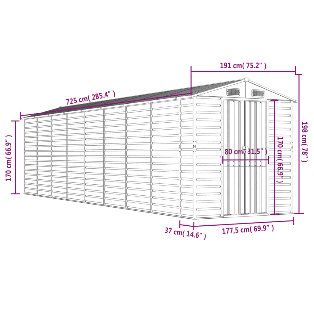 vidaXL Abrigo de jardim 191x725x198 cm aço galvanizado cinzento-claro