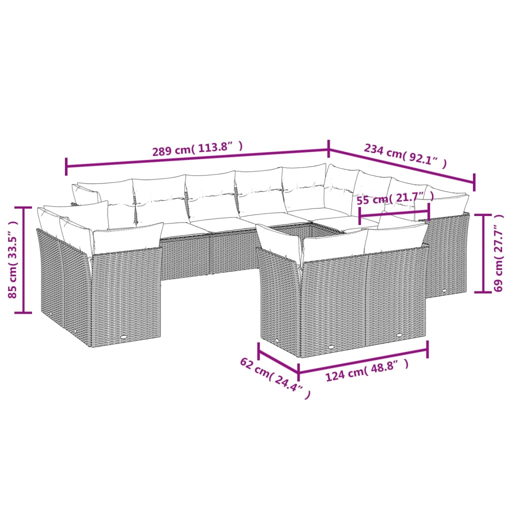 vidaXL 12 pcs conjunto de sofás jardim com almofadões vime PE castanho