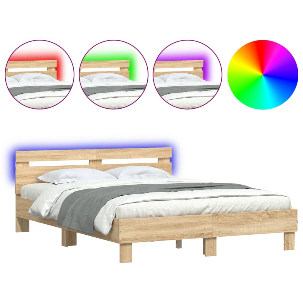 vidaXL Estrutura cama c/ cabeceira/luzes LED 150x200cm carvalho sonoma
