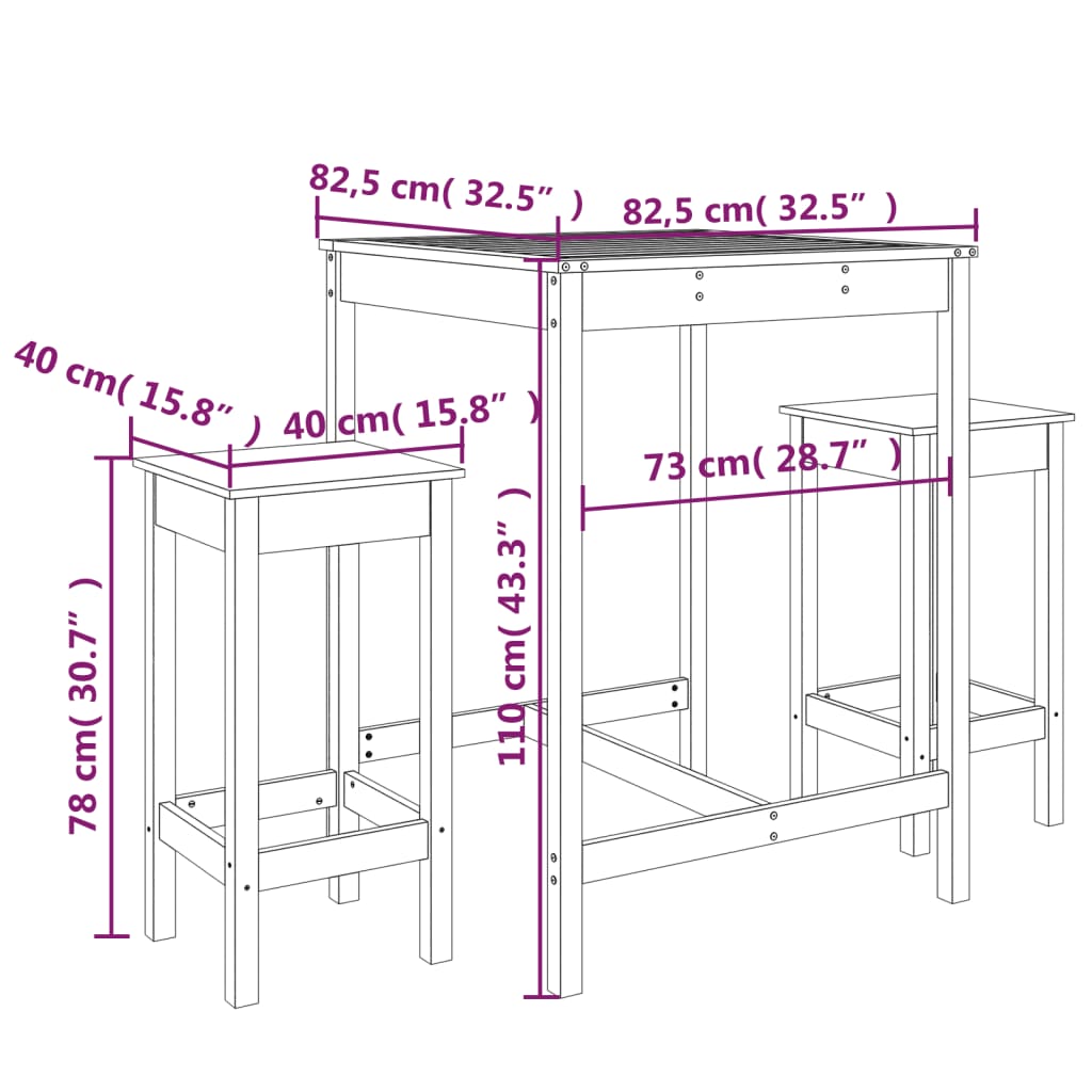 vidaXL 3 pcs conjunto de bar para jardim pinho maciço cinzento