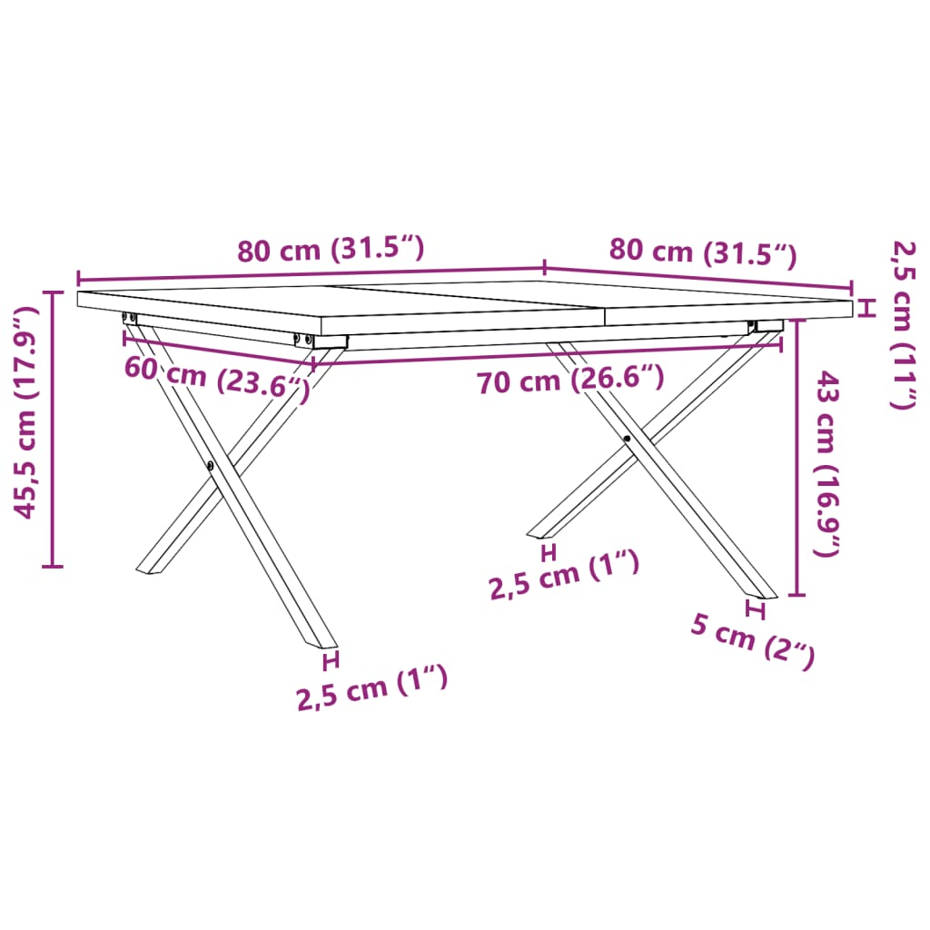 vidaXL Mesa de centro estrutura em X 80x80x45,5 cm pinho/ferro fundido