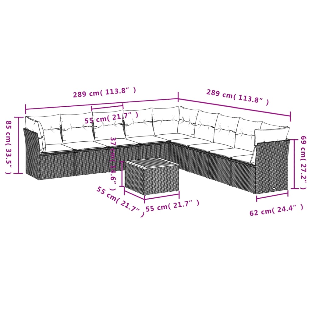 vidaXL 10 pcs conjunto de sofás p/ jardim com almofadões vime PE bege