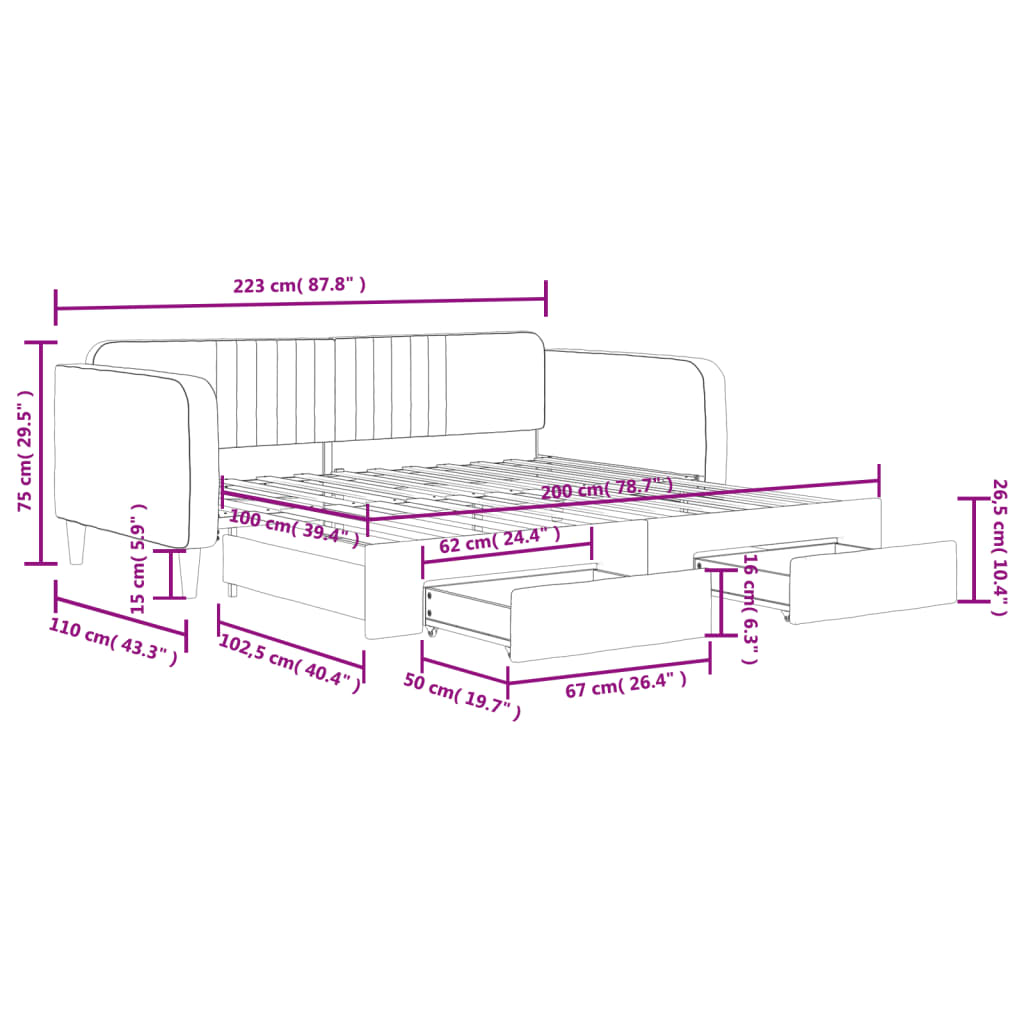 vidaXL Sofá-cama c/ gavetão e gavetas 100x200 cm veludo cinzento-claro