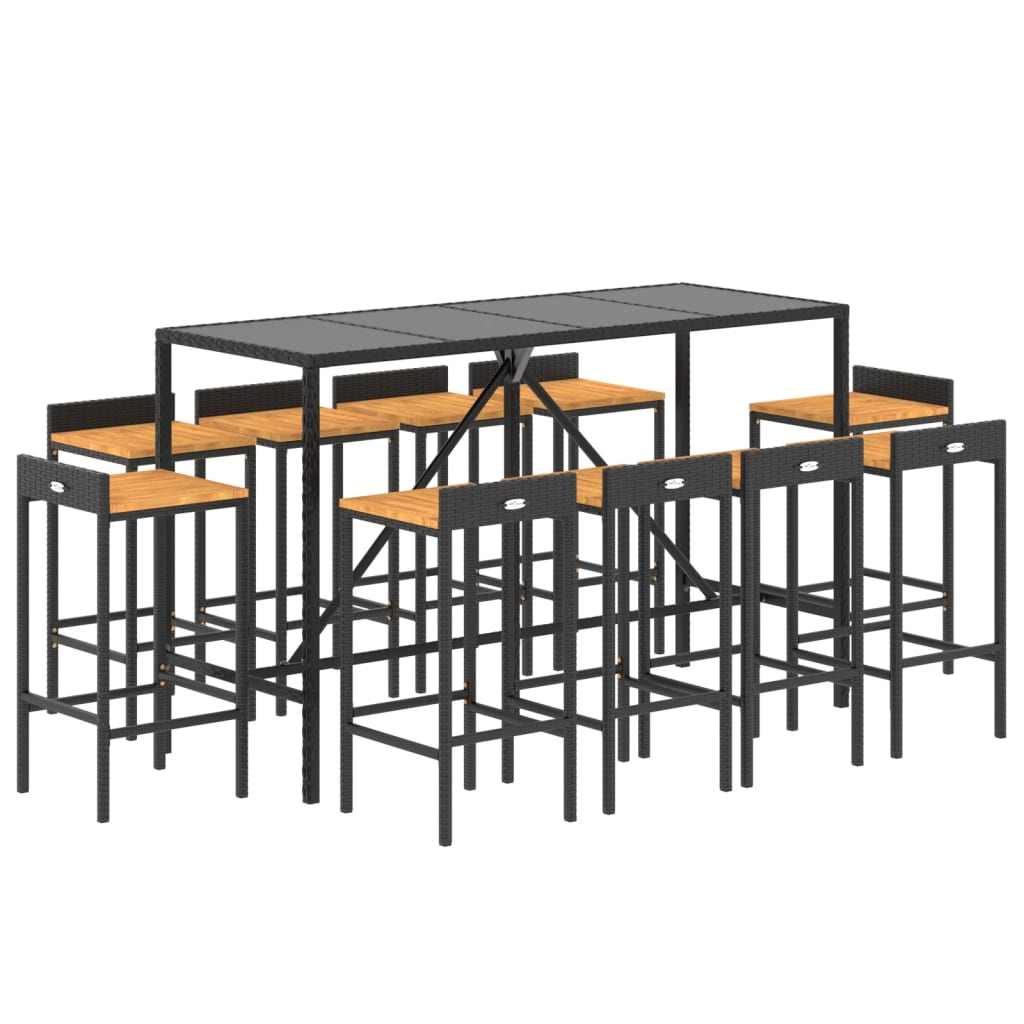 vidaXL 11 pcs conjunto de bar p/ jardim vime PE/acácia maciça preto