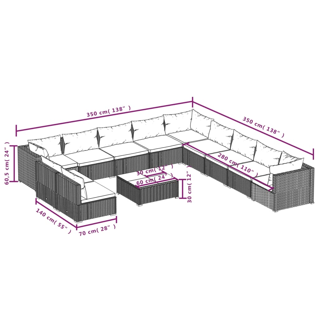 vidaXL 12 pcs conjunto lounge de jardim c/ almofadões vime PE cinzento