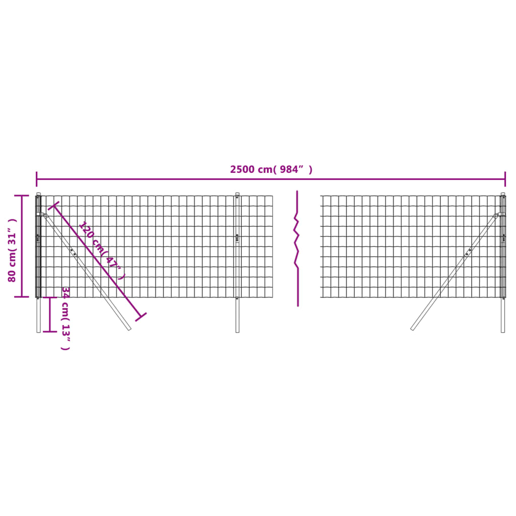 vidaXL Cerca de malha de arame 0,8x25 m aço galvanizado antracite