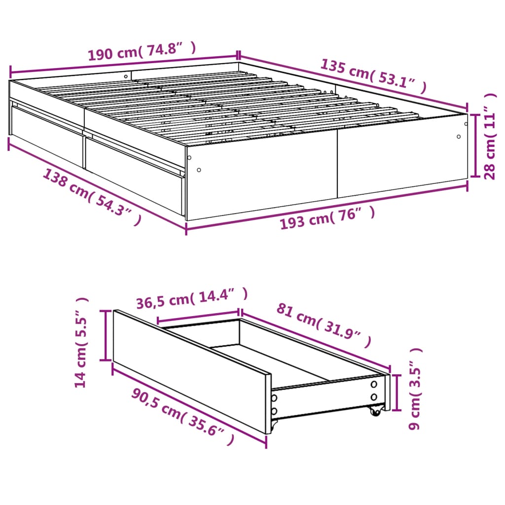 vidaXL Estrutura de cama c/ gavetas 135x190 cm derivados madeira preto