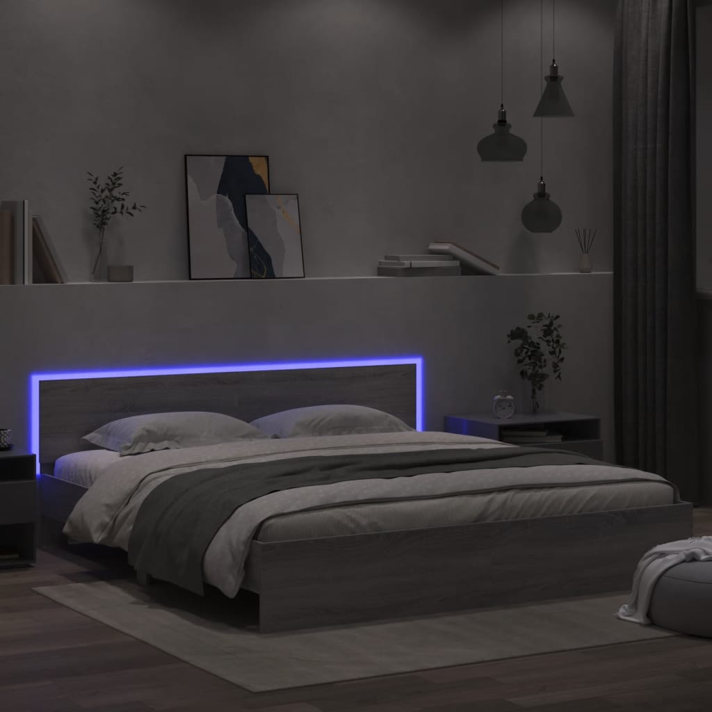 vidaXL Estrutura cama c/ cabeceira/luzes LED 180x200cm cinzento sonoma