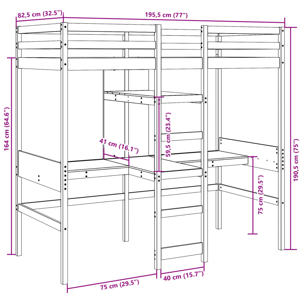 vidaXL Cama alta sem colchão 75x190 cm pinho maciço castanho-mel