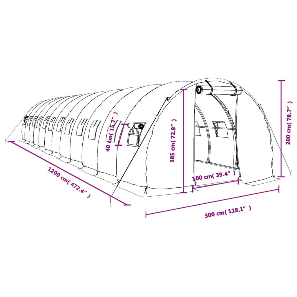 vidaXL Estufa com estrutura de aço 36 m² 12x3x2 m verde