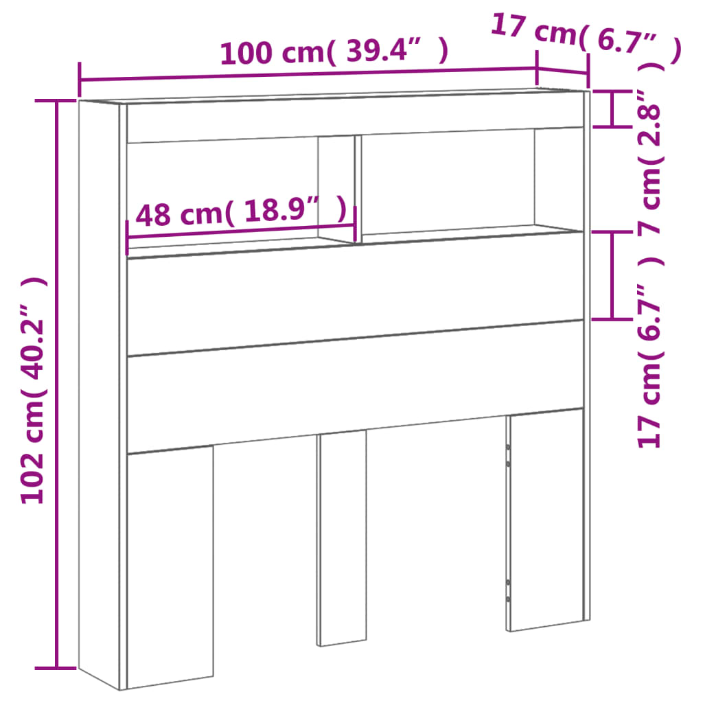 vidaXL Armário de cabeceira c/ luzes LED 100x17x102 cm cinzento sonoma