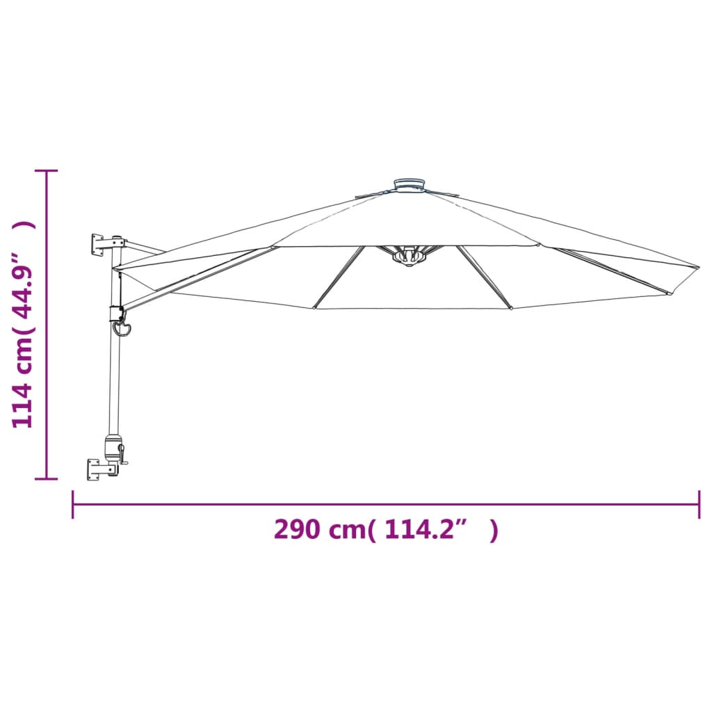 vidaXL Guarda-sol de montar na parede com luzes LED 290 cm verde-maçã