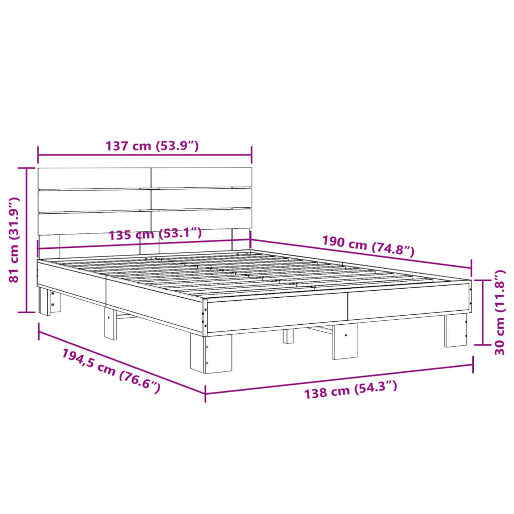 vidaXL Estrutura de cama 135x190cm derivados madeira/metal