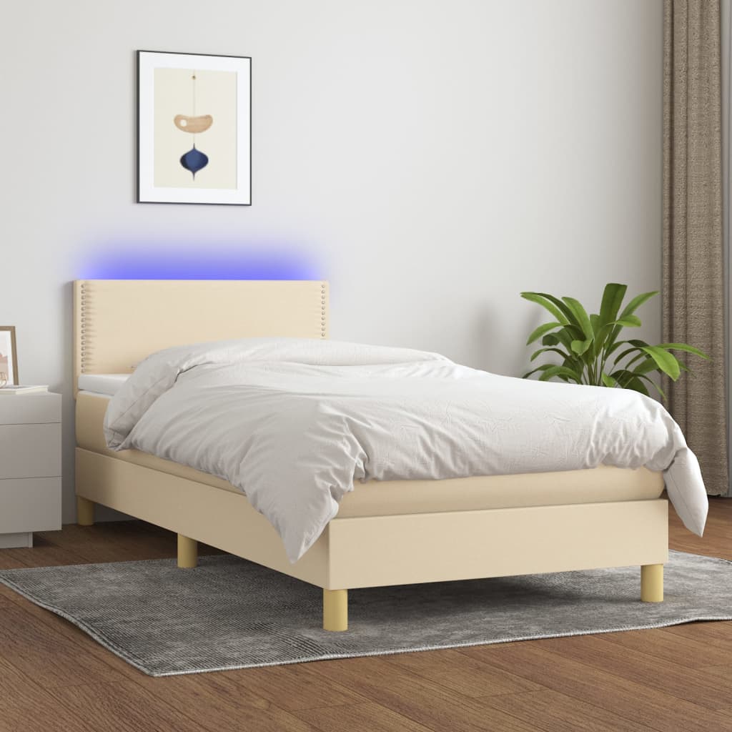 vidaXL Cama box spring c/ colchão e LED 90x190 cm tecido cor creme