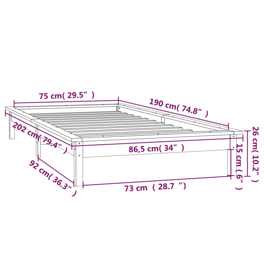 vidaXL Estrutura cama c/ LED solteiro 75x190cm madeira maciça cinzento