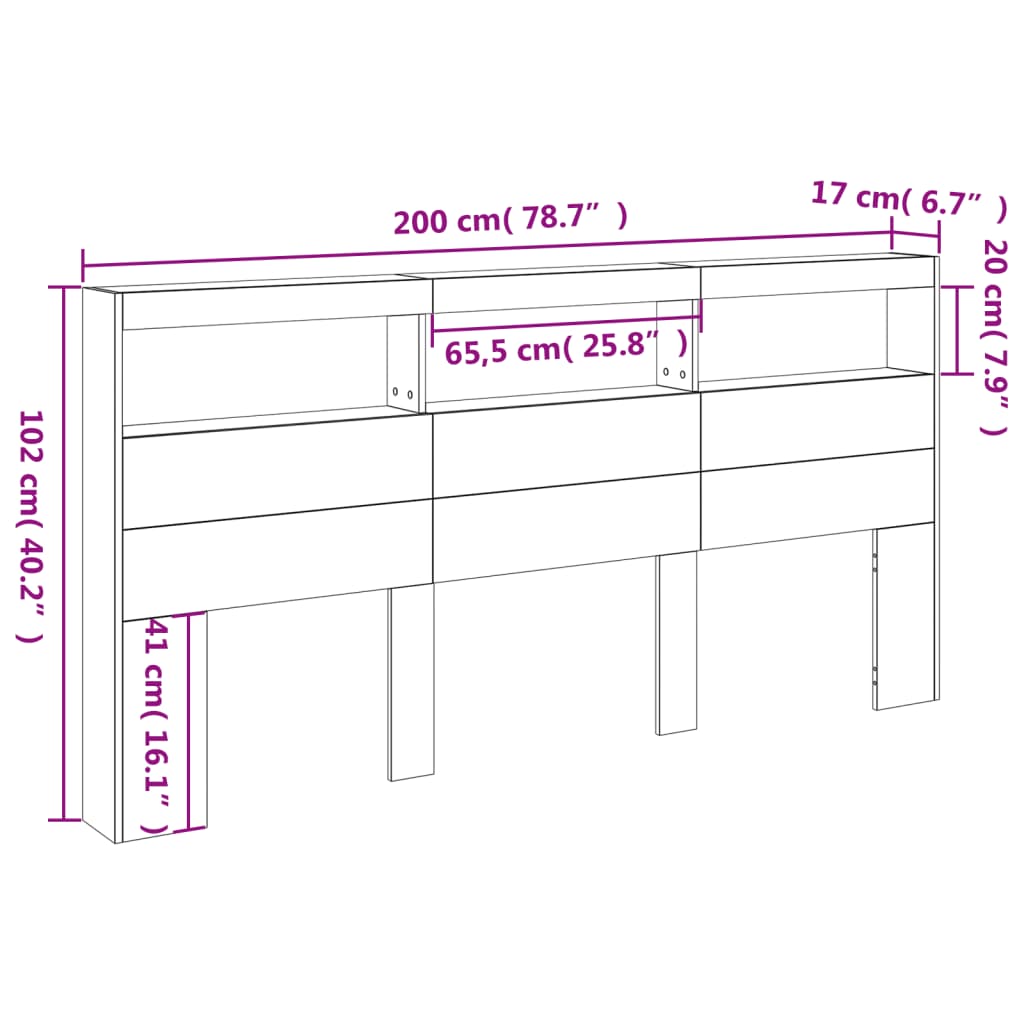 vidaXL Armário de cabeceira c/ luzes LED 200x17x102cm cinzento cimento