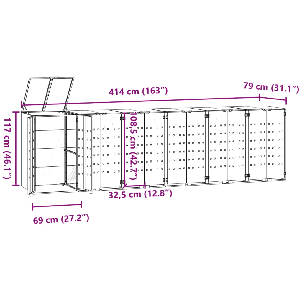 vidaXL Abrigo para 6 caixotes do lixo 414x79x117 cm aço cinzento