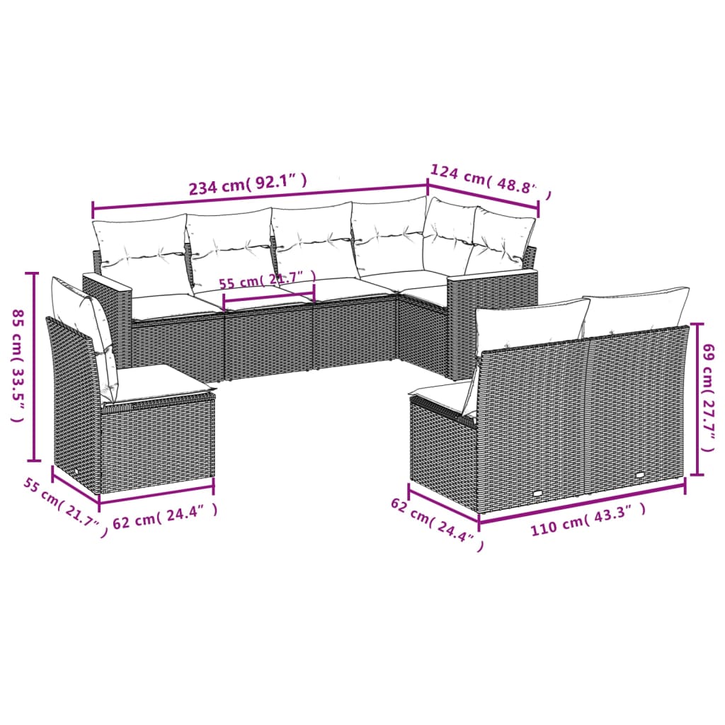 vidaXL 8 pcs conjunto sofás de jardim com almofadões vime PE preto